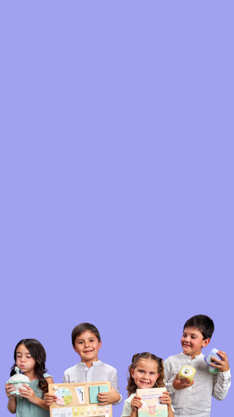 Four children holding books and a toy on a purple background
