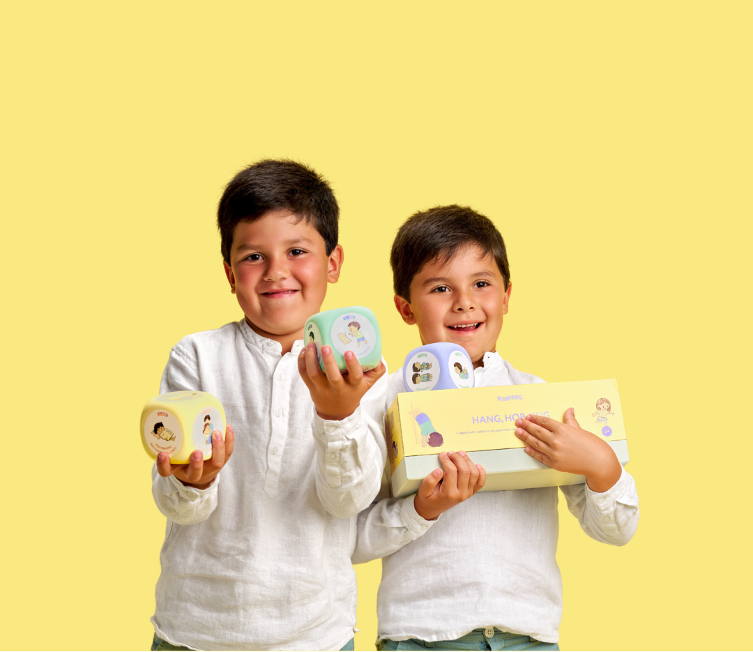 Two children holding colorful toys against a yellow background
